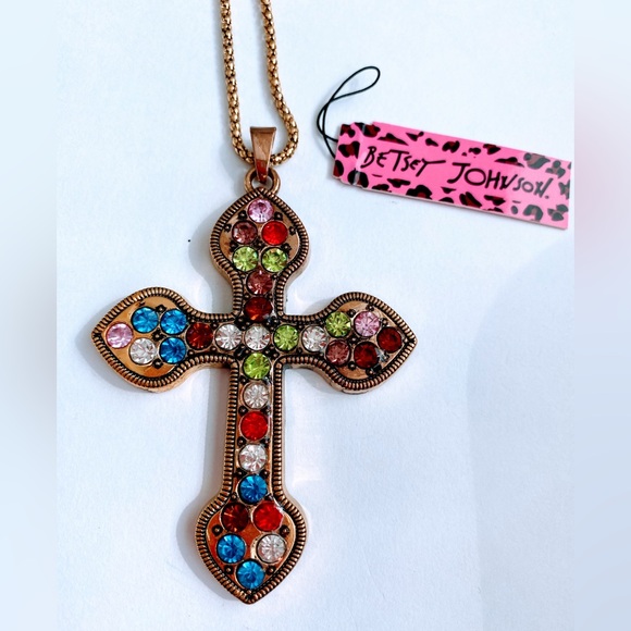 Multicolored crystal studded large cross pendant necklace - Picture 1 of 3